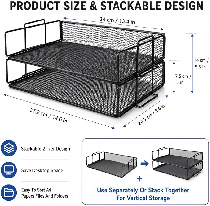 Exerz Letter Trays Stackable Paper Sorter/Desk Organiser/File Tray for Desk - Wire Mesh Metal File Rack - Office, School, Home Study (Black 2pcs) | Two Tier Metal Mesh Stackable Saves Desk Space Holds A4 Papers Folders Notebooks Magazines For Office Ho... - Image 2