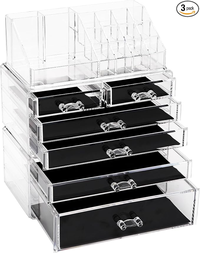 Sea Team 3-Tier Stackable Clear Acrylic Makeup Organizer with Drawers | Cosmetic Display Case, Jewelry Storage Box, 6 Drawers and 1 Lipstick Holder, Ideal for Vanity, Dresser, Bathroom, Countertop by SeaTeam