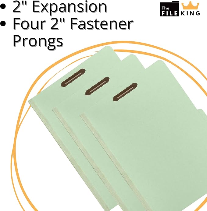 The File King One Divider Pale Green Pressboard Classification File Folder - Letter Size | Box of 10 | Top Tab | 2” Expansion | Four 2-Inch Durable Fastener Prongs | USA Made - Image 3