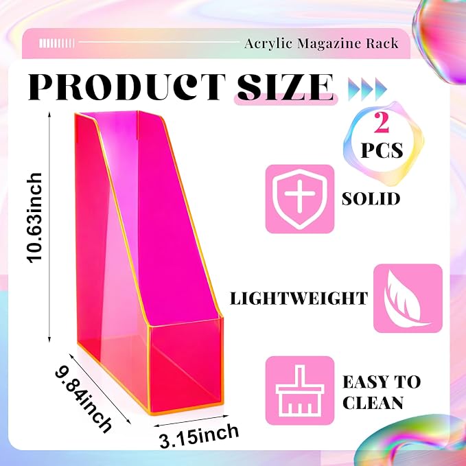 Engrowtic 2 Pcs Fluorescent Powder Vertical Magazine File Holder Acrylic Magazine Holder Storage Organizer Plastic Acrylic Rack for Office Classroom Home Document Paper Book Collection Back to School - Image 3