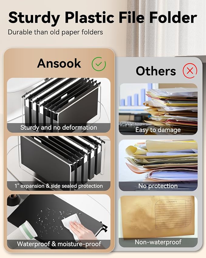 Ansook 24 Pack Plastic Legal Hanging File Folders,1” & 2" Expanding Accordian Pocket,Heavy Duty for Filing Cabinet,Insertable Tabs,Black Legal Size Hanging Folders,Hard and Durable Hang Folders,Black - Image 5