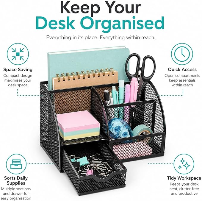 Exerz Desk Organizer 7 Compartment Pencil Holder Office Tidy Caddy Black | Metal Mesh Caddy for Pens Notes Paper Clips and Small Desk Items Compact Stylish for Home Office Study - Image 3