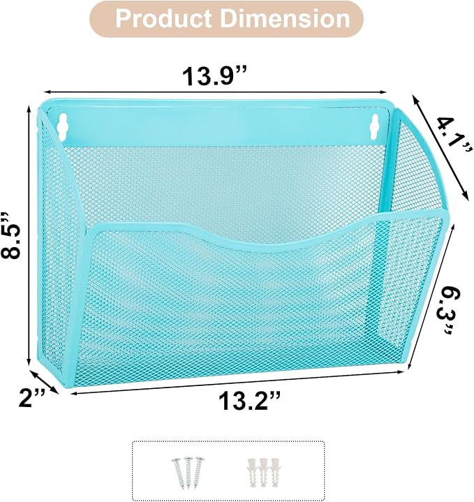 3 Single Pocket Mesh Hanging File Organizer, Vertical Wall Mounted Magazine File Holder, Mount Basket Mail Paper Document Folder Organizing for Office, Home and School, Blue - Image 2