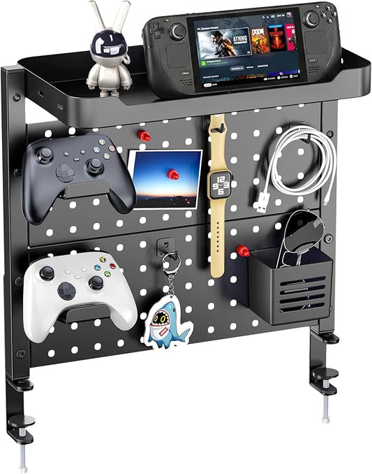 ARES WING Desk Clamp On Pegboard with 16 inches Organizer Shelf, Black | Adjustable Above or Under Desk Storage Shelf Holds 44 lbs, Magnetic Metal Peg Board for Office and Gaming Accessories by ARESWING