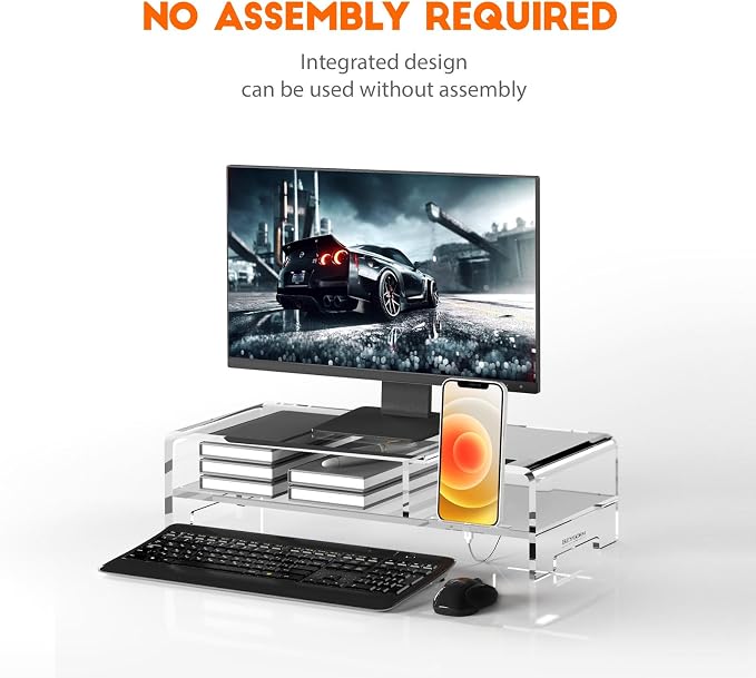 BEYGORM Acrylic Monitor Stand for Full Keyboard, 20" Wide 2-Tier | Clear Riser with Storage Shelf and Phone Holder, Desktop Organizer for Laptop, Printer & Screen - Image 4