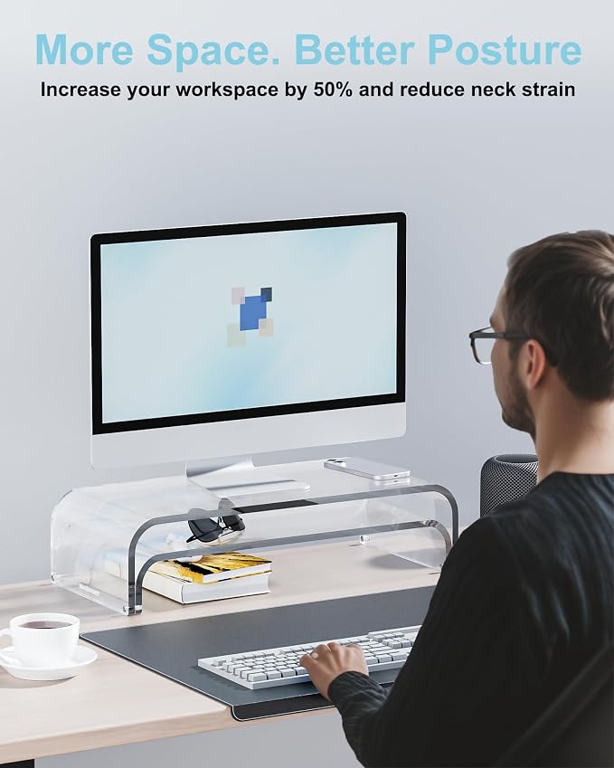 Acrylic Dual Monitor Stand Riser 2 Tier, Modular Laptop Stand for Desk, Multifunctional Desktop Organizer Shelf for PC, iMac, Printer, Detachable Monitor Stand for Office or Home, Clear - Image 5