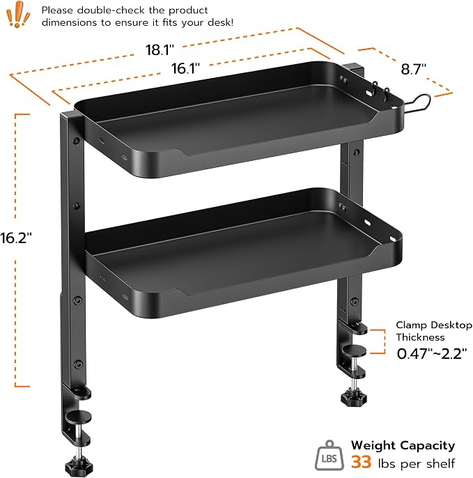 ARES WING 2-Tier 16 inch Clamp On Desk Shelf, Above or Under Desk Storage | Adjustable Desktop Organizer Shlef Holds 66 lbs Heavy Duty, with Headphone Holder for Working and Gaming Accessories, Black - Image 2