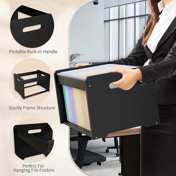 Bamboo Hanging File Organizer, Desktop File Box, Open Top, 1 Pack, Black | Open-Top Access, 2 Hanging Folders Included, Letter & Legal Files, Sliding Rails, Reinforced Handles, Easy Assembly - Image 5