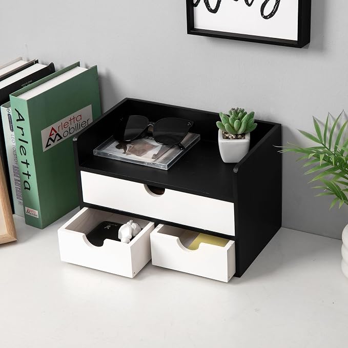 Rustic Wood Desk Organizer with Drawers,3-Drawer Desktop Storage Box | Two-Tone Black & White‌ 3 Drawers Shelf Pens, Notes, Makeup, Jewelry & Toiletries for Office, Bath Vanity Office Supplies - Image 2