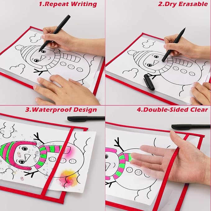 60 Packs Dry-Erase Pockets Bulk Oversized Reusable Dry Erase Pocket Sleeves with 4 Rings, 12 Assorted Colors 10x14 Ticket Holders, Clear Plastic Sheet Protectors, Teacher School Classroom Supplies - Image 3
