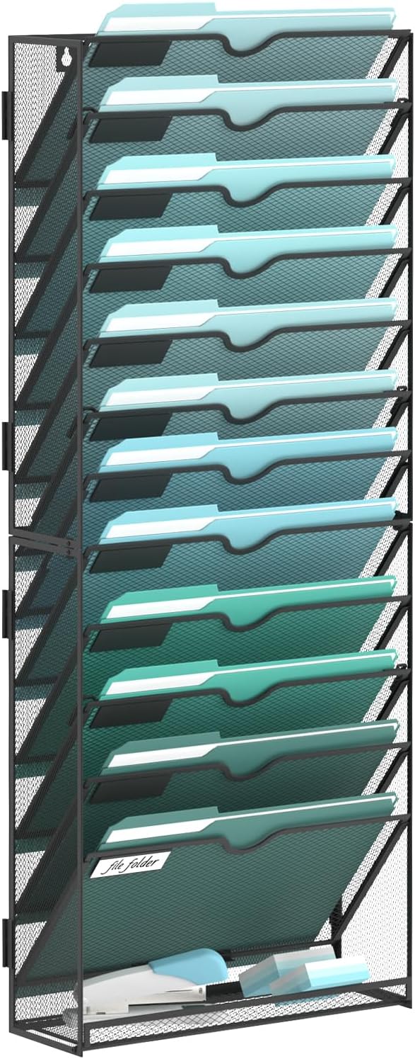 13-Tier Wall File Organizer, Hanging File Holder, Wall Mounted Mail Sorter | Metal Mesh Hanging File Organizer with Open Compartments and Label Panels for Papers and Folders at Home, Office or School by SUPEASY