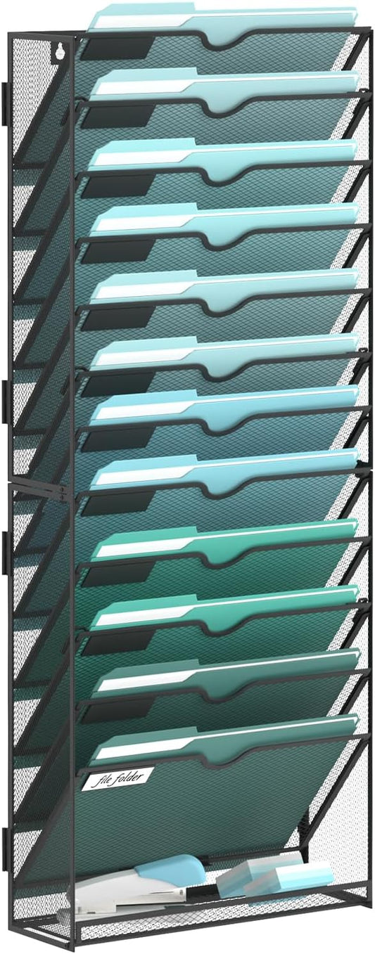 13-Tier Wall File Organizer, Hanging File Holder, Wall Mounted Mail Sorter | Metal Mesh Hanging File Organizer with Open Compartments and Label Panels for Papers and Folders at Home, Office or School by SUPEASY