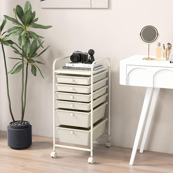 COSTWAY 6-Drawer Rolling Storage Cart, Art Craft Tools Organizer on Wheels | Multifunctional Heavy Duty Utility Mobile Storage Trolley w/ 2 Lockable Wheels for Home Office School (White) - Image 7