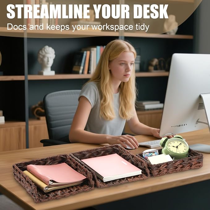 3 Pack Water Hyacinth Woven Stackable Desk Organizer Letter Tray, Brown Tabletop Desk Basket for Storage Paper Letter Folders Notebooks Copy Print, Workspace Holder - Image 6