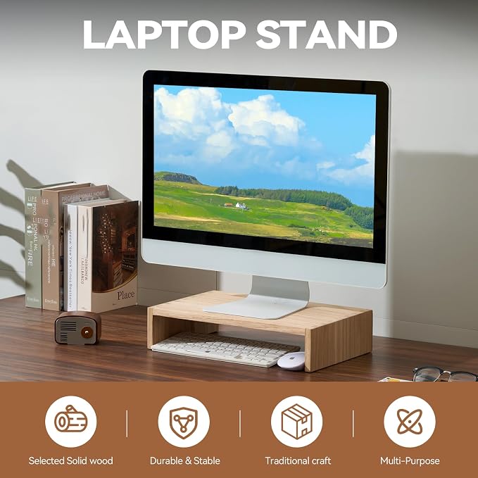 KIRIGEN Wood Monitor Stand Riser for Desk, 15.39 Inch, Natural 39-NA - Image 2