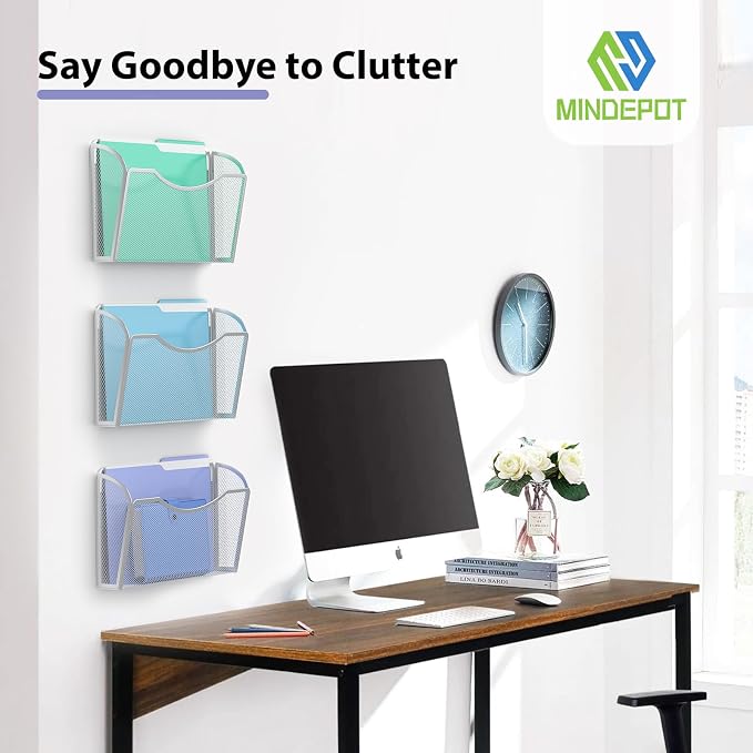 MINDEPOT Wall File Organizer, Hanging Wall File Holder, 1 Pack, White | Heavy Duty Iron, Metal Mesh Wall Mount, Single Pocket, Mail Organizer, for Office School Classroom Home, Letter A4 Size - Image 6