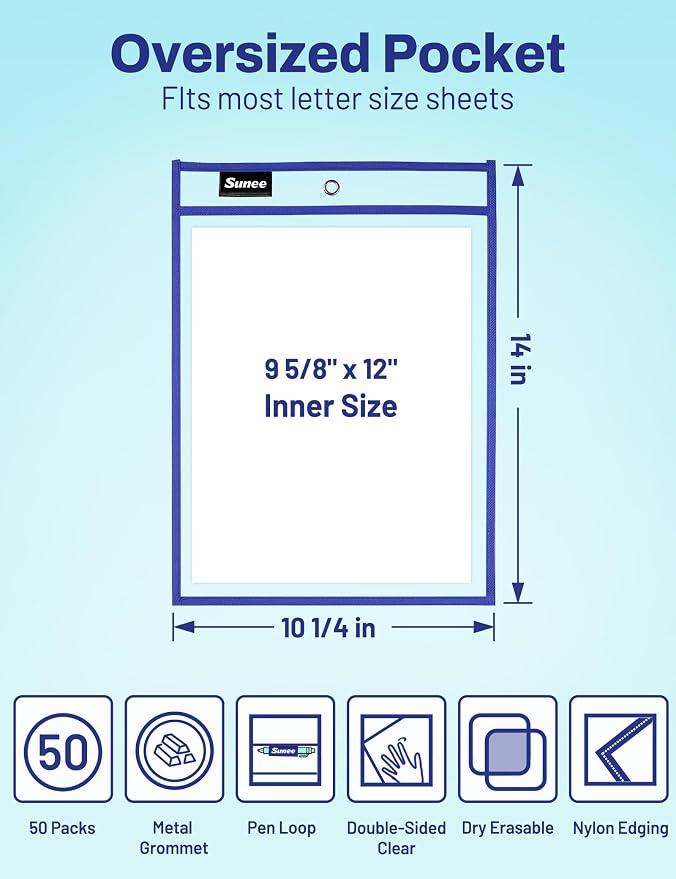 SUNEE 50 Packs Oversized Reusable Dry Erase Pocket Sleeves with 3 Rings, 10 Assorted Colors 10x14 Ticket Holders, Clear Plastic Sheet Protectors, Teacher School Classroom Supplies - Image 2