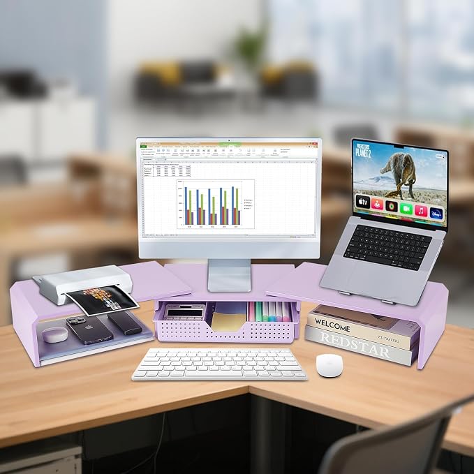 LEKETREE Dual Monitor Stand Riser with Drawer, Desk Organizer and Accessories, Metal Laptop Stand for Desk, Workspace Desktop Stand for Computer, Laptop, TV and More (Purple) - Image 2