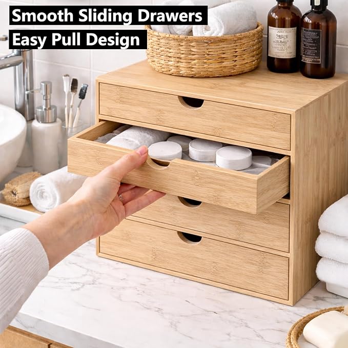 Neando Bamboo Desk Organizer with Drawers, 4-Tier Wooden Desk Organizer, Small Desktop Storage for Office Supplies, Makeup, Accessories, Space-Saving Organizer for Desk, Vanity & Home - Image 5