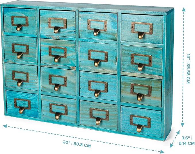 Teal 16-Slot Wooden Drawer Unit - Country Style Desk Organizer Box - 20"x3.6”x14” Wooden Storage Box w/ 16 Drawers - Countertop Drawers w/Label Holder & Handle - Slim 4-Level Desk Organizer - Image 2