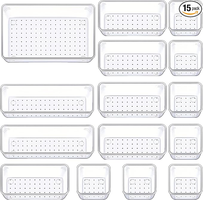 Manalete Drawer Organizers Set of 15, 4 Sizes Clear Plastic Drawer Organizers and Storage Bins for Kitchen, Bathroom, Office, Dresser Desk Drawer Organizer Tray for Jewelry, Makeup, Junk, Gadgets by Manelete