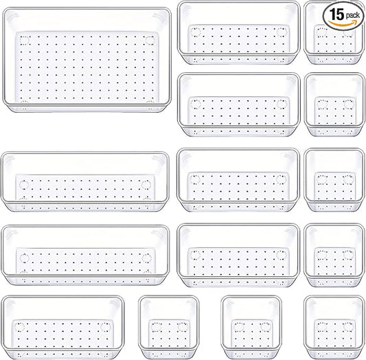 Manalete Drawer Organizers Set of 15, 4 Sizes Clear Plastic Drawer Organizers and Storage Bins for Kitchen, Bathroom, Office, Dresser Desk Drawer Organizer Tray for Jewelry, Makeup, Junk, Gadgets by Manelete