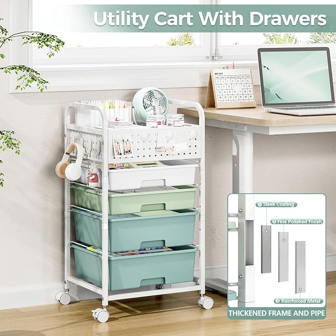 4 Drawer Rolling Storage Cart with Pegboard Top and Hooks, Gradient Green | Mobile Organizer Cart with Wheels for Office Supplies, Craft Storage, Classroom Organization, Home Utility Cart - Image 6