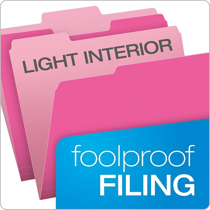Pendaflex Reinforced Hanging Folders Letter Size Pink 1/5 Cut 25/Box and Two-Tone Color File Folders Letter Size 1/3 Cut Pink 100/Box Office Supply Bundle - Image 7