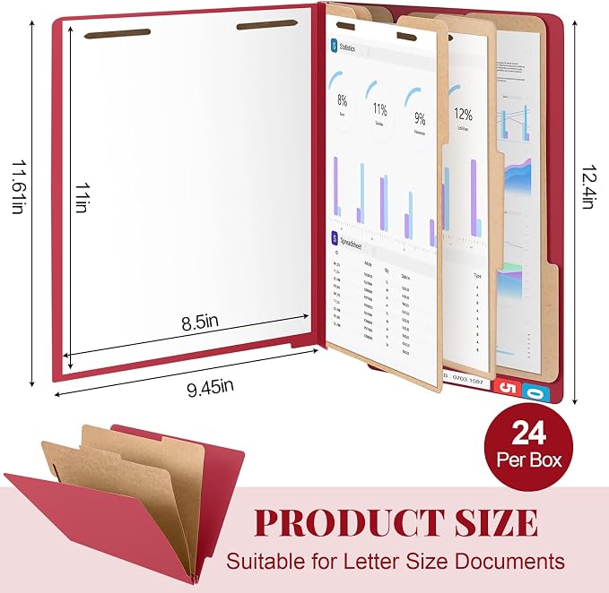 Skyygemm 24 Pack Classification Folders, Letter Size,3 Dividers,Red | Pressboard File Folders, 2 Prong Fasteners, 3" Expanding, Manila, End Tab, for Office School Legal Records Medical - Image 2