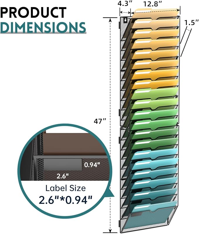 20 Tier Wall File Organizer, Hanging Wall Mounted Mail Organizer with Label Slots, Metal Mesh File Holder Magazine Rack for Office, Home, School or Classroom, Black - Image 4