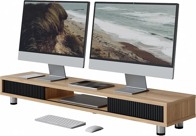 Fenge Dual Monitor Stand with Storage, Desk Shelf with Glass Sliding Door | Ergonomic Height Adjustment, 42.5in Monitor Shelf, 2-Tier Monitor Riser, Desk Organizer for Screen, PC, Laptop, Dark Oak by Fenge