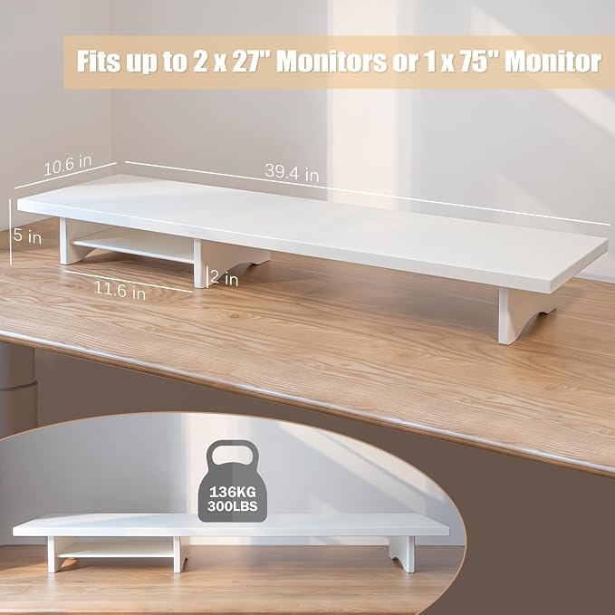 Bamboo Dual Monitor Stand Riser, 2-Tier Desk Shelf with Storage | 39.37-Inch Wide, 300 lbs Capacity, Removable Shelf for Monitors, Printer or TV in Home office, White - Image 8