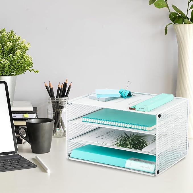 3 Tier Mesh Desk Organizer Tray, Desktop Mail File Paper Letter Folder Holder Sorter Organization Rack Storage Accessories for Office Home School Classroom, White - Image 5