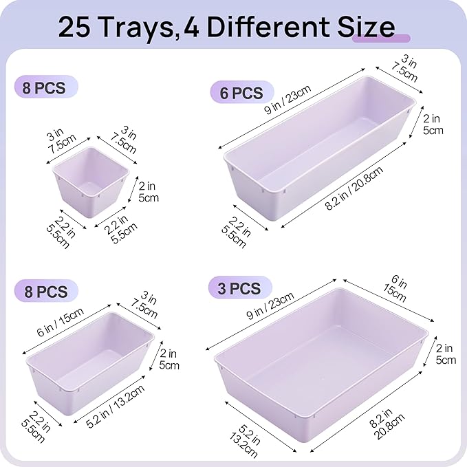 Vtopmart 25 Pack Plastic Drawer Organizers with Non-slip Rubber Pads | 4-Size Versatile Makeup Organizer, Storage Containers Small Bins for Makeup, Jewelries, Bedroom, Kitchen Utensils and Office - Image 2