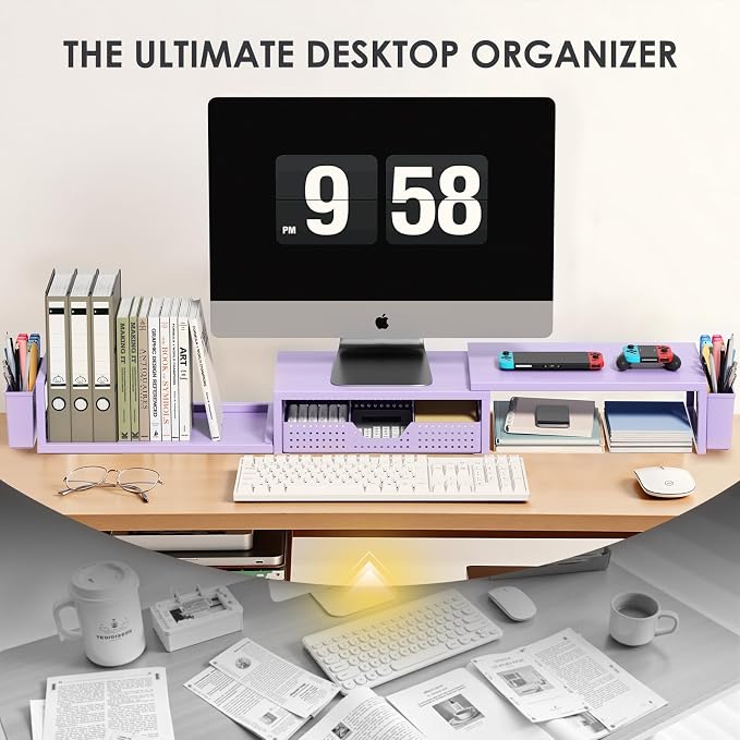 Desk Organizers and Accessories, Dual Monitor Stand Riser with Drawer and 2 Pen Holders, Desk Shelf Computer Racks for Office Workspace Organizers, Desktop Organization (Purple) - Image 5