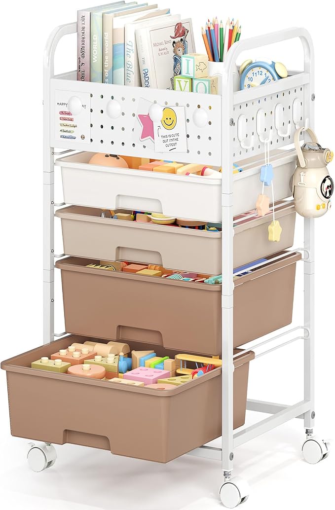 4 Drawer Rolling Storage Cart with Pegboard Top and Hooks, Brown | Mobile Organizer Cart with Wheels for Office Supplies, Craft Storage, Classroom Organization, Home Utility Cart by SYKIARIOL