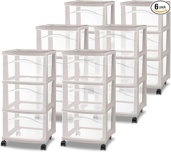 Sterilite 6 Pack 3 Drawer Storage Cart, Rolling Organization, Grey Pumice by Sterilite