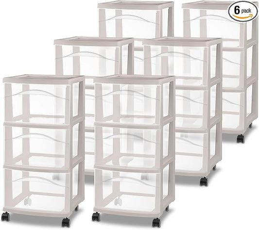 Sterilite 6 Pack 3 Drawer Storage Cart, Rolling Organization, Grey Pumice by Sterilite