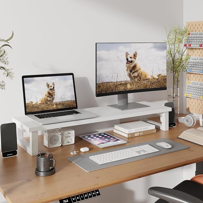 WESTREE Dual Monitor Stand Riser, Wood and Steel Monitor Stand Riser, Computer Monitor Stand for 2 Monitors, Multi-Purpose Desktop Storage Stand for Computer,Laptop,Printer,TV - Image 2