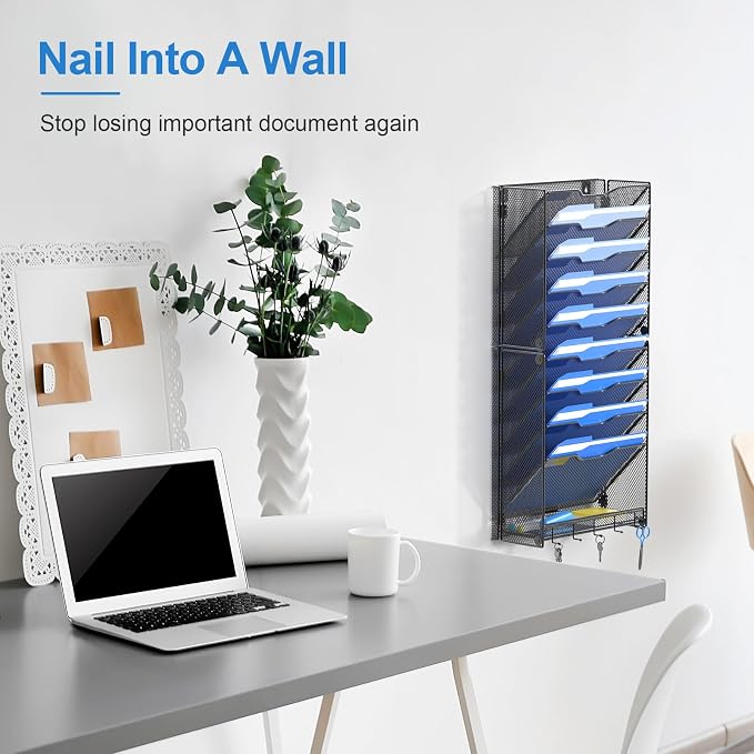 OUTWOLF 10 Tier Hanging Wall File Organizer Wall Mount Paper Document Folder Holder with Hooks for Home Office Organization - Image 2