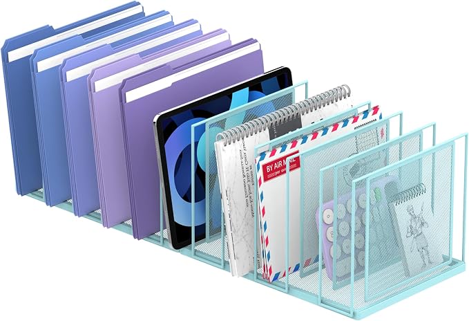 File Organizer for Desk, 11-Section Vertical File Sorter, Paper Holder Organizer Standing Metal File Folder for Office Home Classroom, Blue by JMHUD