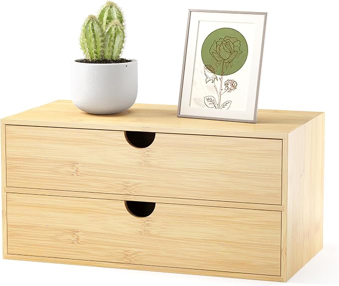 Bamboo Desk Organizer with Drawers, Desktop Storage Box for Office Supplies | 2 Drawers Desktop organizer, No Assembly Required, Natural Wood Wooden Desktop Drawers for Bills, Cosmetics, Seals, Paper by WisuceHome