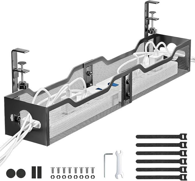 Under Desk Cable Management Tray Black, Litwaro Cable Management Under Desk No Drill, 25'' Cable Tray with Clamp for Wire Management, Cord Organizer for Office, Home - No Damage to Table by Litwaro