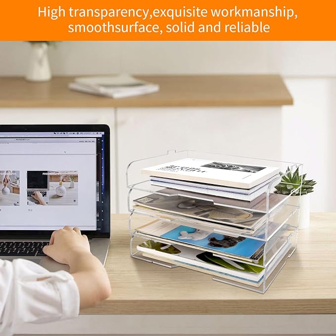 4 Pack- Stackable Paper Letter Tray,Clear Acrylic Magazine Holder and File Organizer - Sleek Desk Organizer for Home Office, Bookshelf, or Workspace - Space-Saving Transparent Document Holder - Image 4