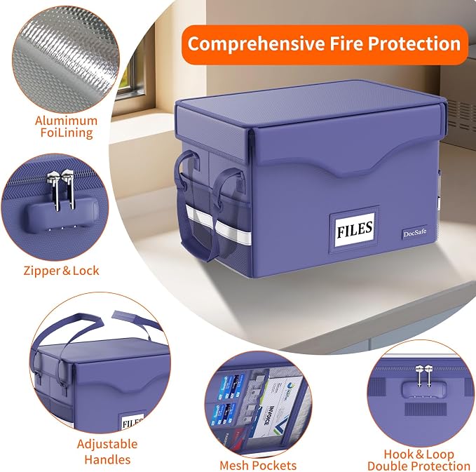 DocSafe 5200°F Fireproof Document Box with Lock,Heat Insulated File Organizer Storage with Pockets,Collapsible Portable Home Office File Safe Box with Handle for Hanging Letter/Legal Folders, Blue - Image 4