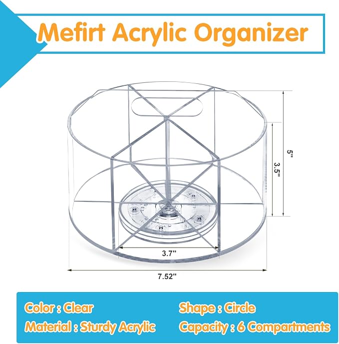 Mefirt Acrylic Pen Holder, 360 Degree Rotating Pen Organizer, Rotating Desk Acrylic Office Organizer with 6 Compartments, Marker Organizer for Kid, Crayon Caddy School Art Supply Storage Organizer - Image 5