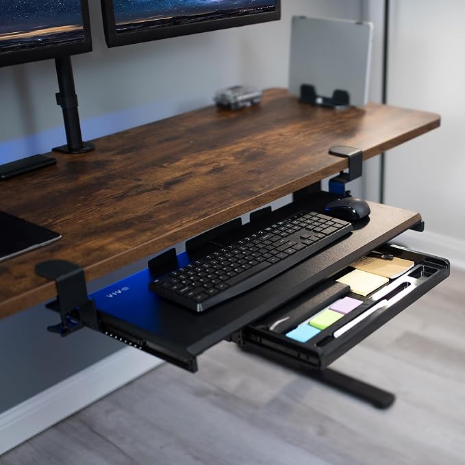 VIVO Large Keyboard Tray Under Desk Pull Out Platform with Pencil Drawer, Extra Sturdy C Clamp Mount, 27 (33 Including Clamps) x 11 inch Slide-Out Tray with Storage Drawer, Black, MOUNT-KB05-4D - Image 2