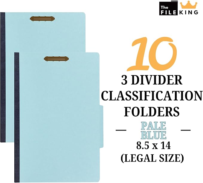 The File King Three Divider Pressboard Classification Pale Blue File Folder - Legal Size | Box of 10 | 2/5 ROC Top Tab | 3” Expansion | Six 2-Inch Fastener Prongs | USA Made - Image 2