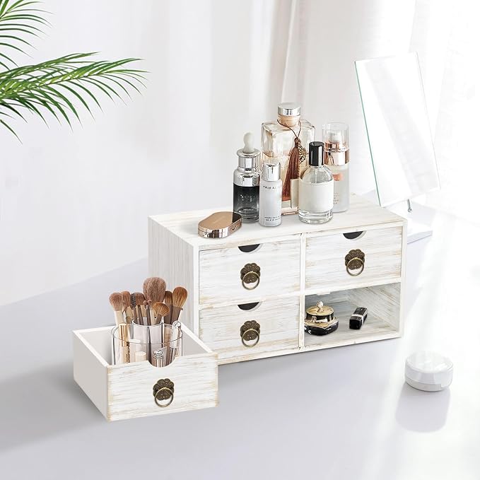 Wood Desk Organizer, White Wooden Desktop Organizer with Drawer, Tabletop Storage Organization Box for Countertop, Home Office Supplies Bills, 13.5x6.6x7.09 Inch(4 Drawer) - Image 8