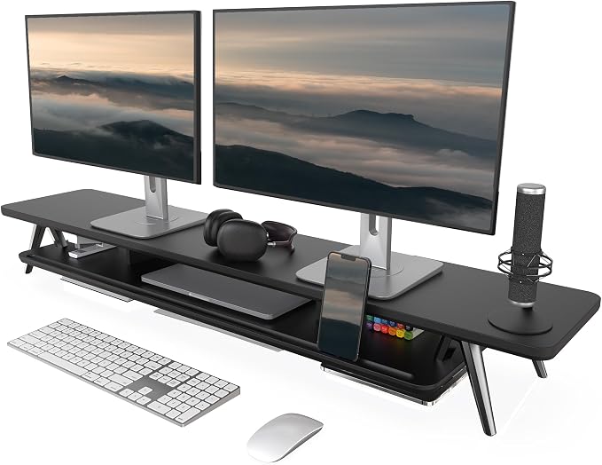 Fenge Dual Monitor Stand Riser, Wooden Desk Shelf with 2-Tier Storage | 47.2-Inch Extra Wide, Sturdy Aluminum Legs, Built-In Phone & Tablet Slot, Desktop Organizer for Office Accessories by Fenge